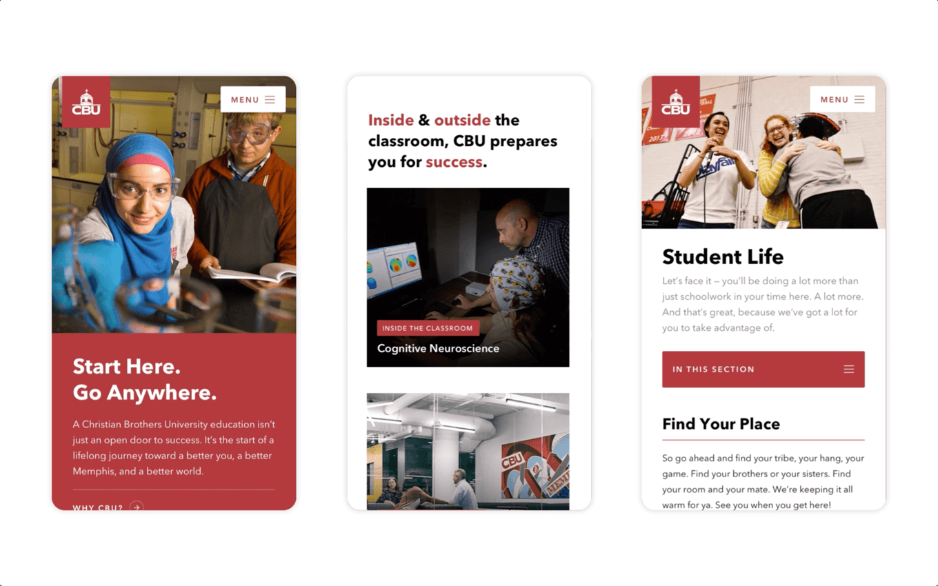 Phones display how Christian Brothers University uses responsive design