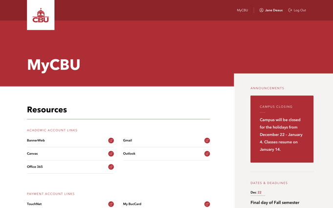 Christian Brothers University's MyCBU Landing Page